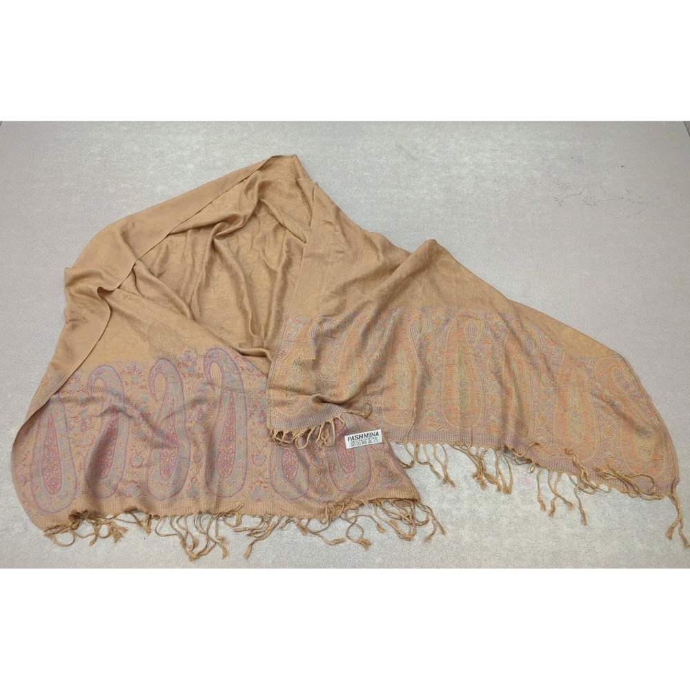 Vtg Paisley Pashmina Scarf Fringe Wrap Shawl Brown Boho Grandma Hippie 69x27